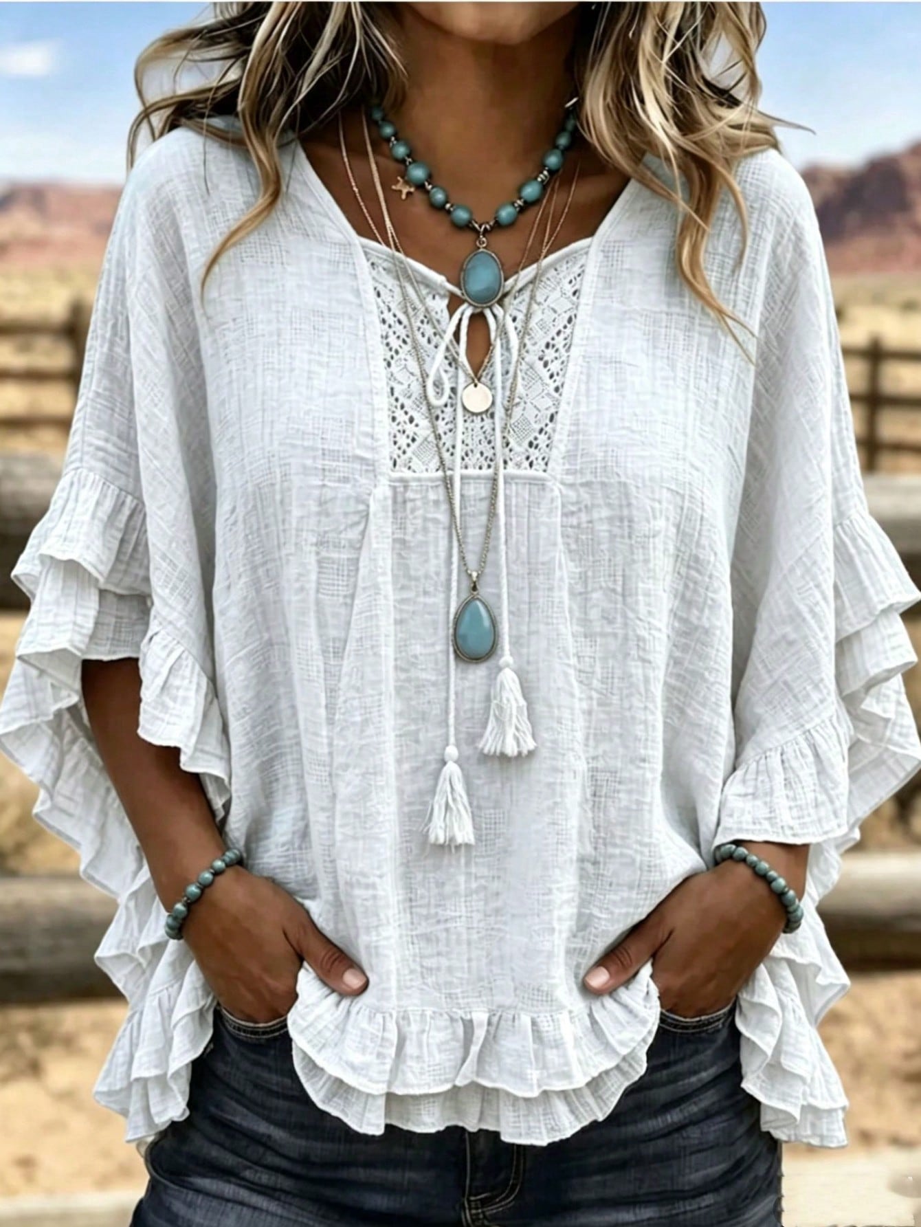 Plus Size Women's Hollow Out Lace V-Neck Top, Tassel Tie Ruffle