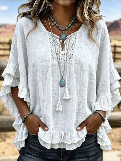 Plus Size Women's Hollow Out Lace V-Neck Top, Tassel Tie Ruffle