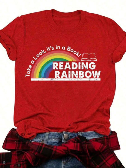 Plus Size Women's T-Shirt- Y2K Crew Neck Short Sleeve Top- Rainbow Graphic Tee With Book Design- Casual Everyday Shirt, Back-To-School