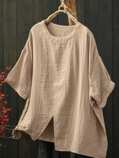 Plus Size Women Solid Color Round Neck Dropped Shoulder Split Hem Blouse