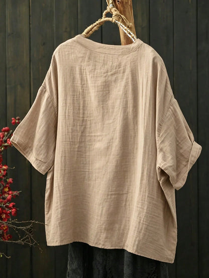 Plus Size Women Solid Color Round Neck Dropped Shoulder Split Hem Blouse