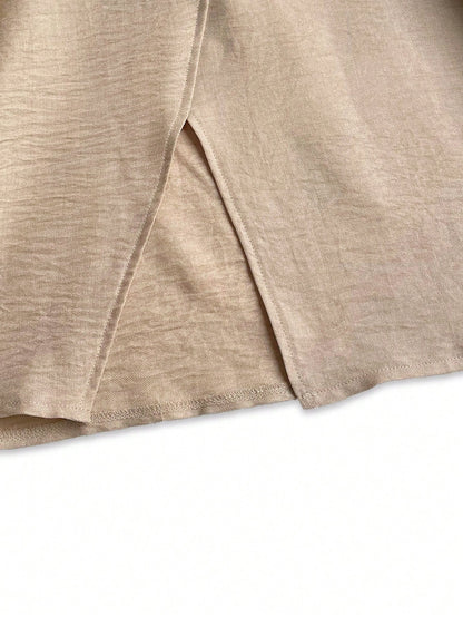 Plus Size Women Solid Color Round Neck Dropped Shoulder Split Hem Blouse