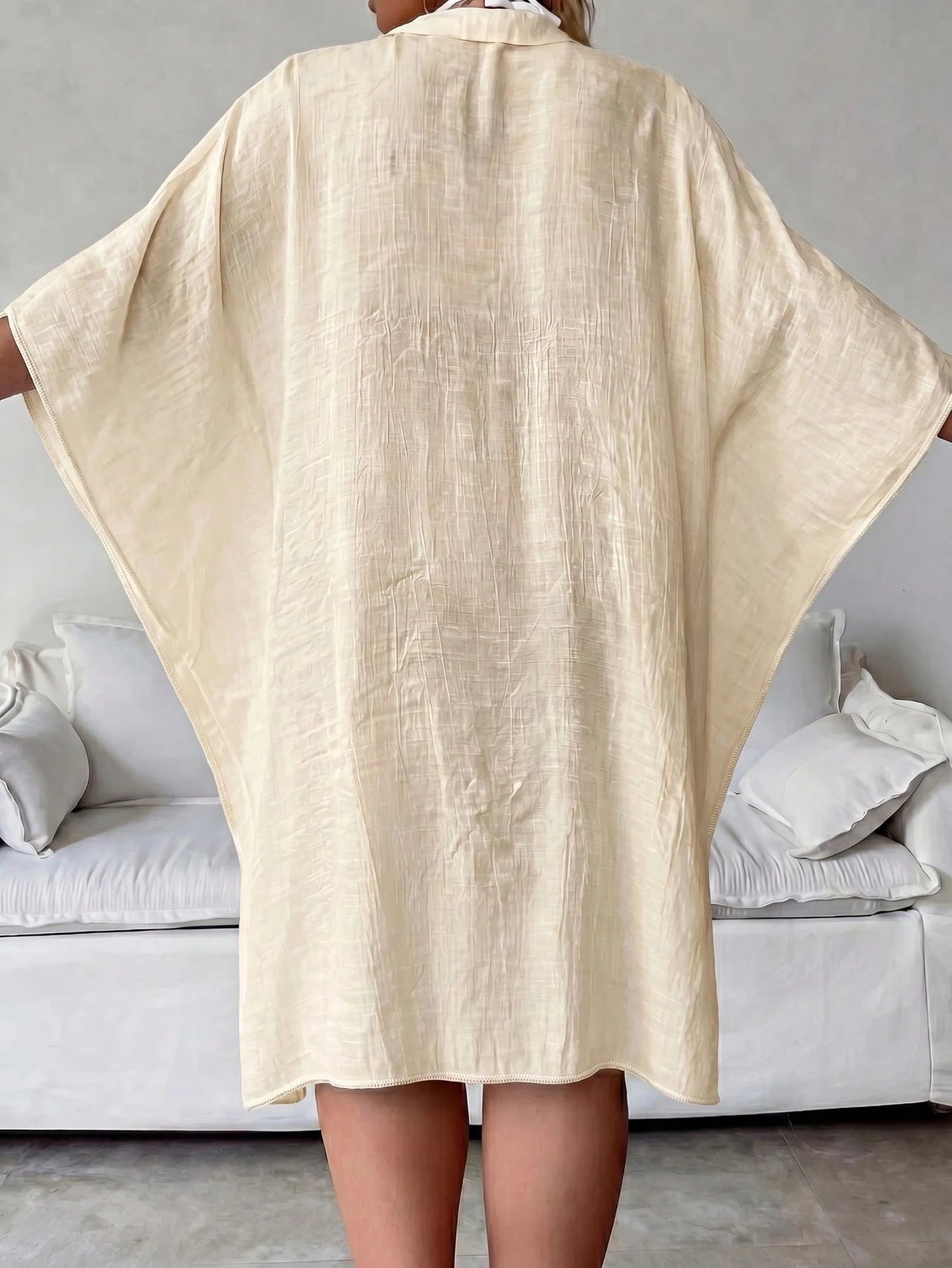 Plus Size Women Summer Champagne Batwing 3/4 Sleeve Shirt, Blouse, Single-Breasted Shirt, Solid Color Jacket, Comfortable Ultra-Thin Breathable; Party Dress, Women Easter Blouse, Beach Holiday Wear Su
