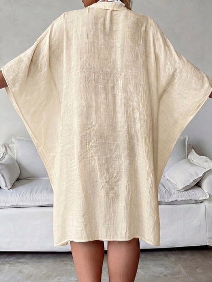 Plus Size Women Summer Champagne Batwing 3/4 Sleeve Shirt, Blouse, Single-Breasted Shirt, Solid Color Jacket, Comfortable Ultra-Thin Breathable; Party Dress, Women Easter Blouse, Beach Holiday Wear Su