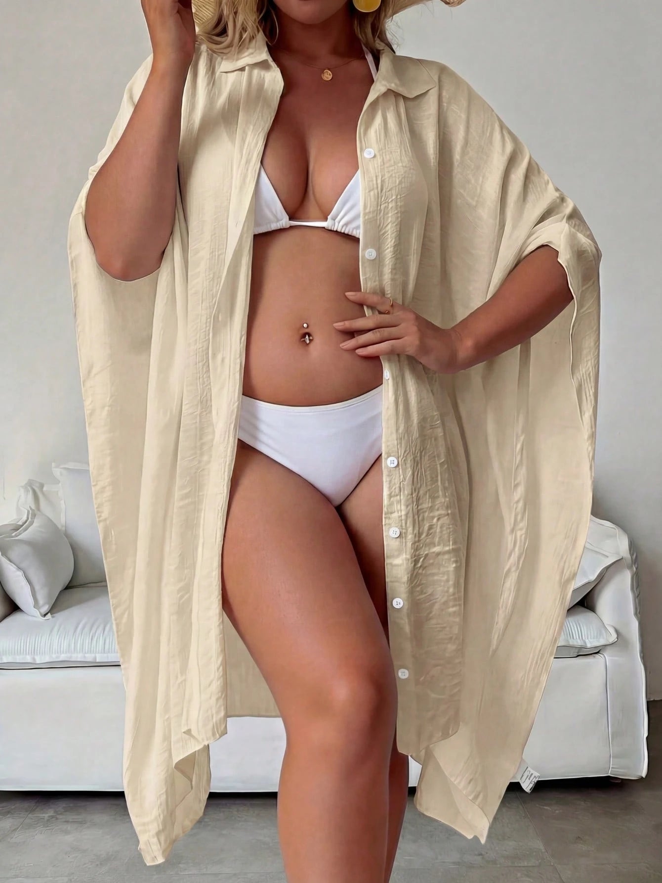 Plus Size Women Summer Champagne Batwing 3/4 Sleeve Shirt, Blouse, Single-Breasted Shirt, Solid Color Jacket, Comfortable Ultra-Thin Breathable; Party Dress, Women Easter Blouse, Beach Holiday Wear Su