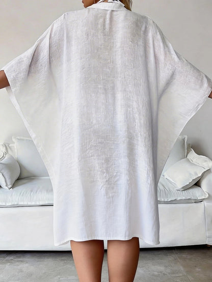 Plus Size Women Summer Champagne Batwing 3/4 Sleeve Shirt, Blouse, Single-Breasted Shirt, Solid Color Jacket, Comfortable Ultra-Thin Breathable; Party Dress, Women Easter Blouse, Beach Holiday Wear Su