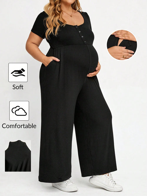 Plussiva Plus Size Maternity Solid Color Button Design Short Sleeve Wide Leg Jumpsuit Summer Casual Lounge Photoshoot Gender Reveal Post Partum