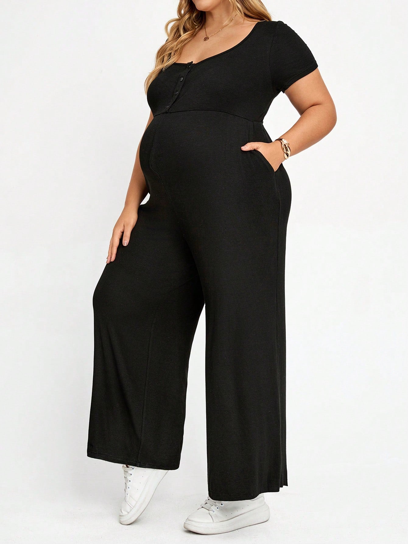 Plussiva Plus Size Maternity Solid Color Button Design Short Sleeve Wide Leg Jumpsuit Summer Casual Lounge Photoshoot Gender Reveal Post Partum