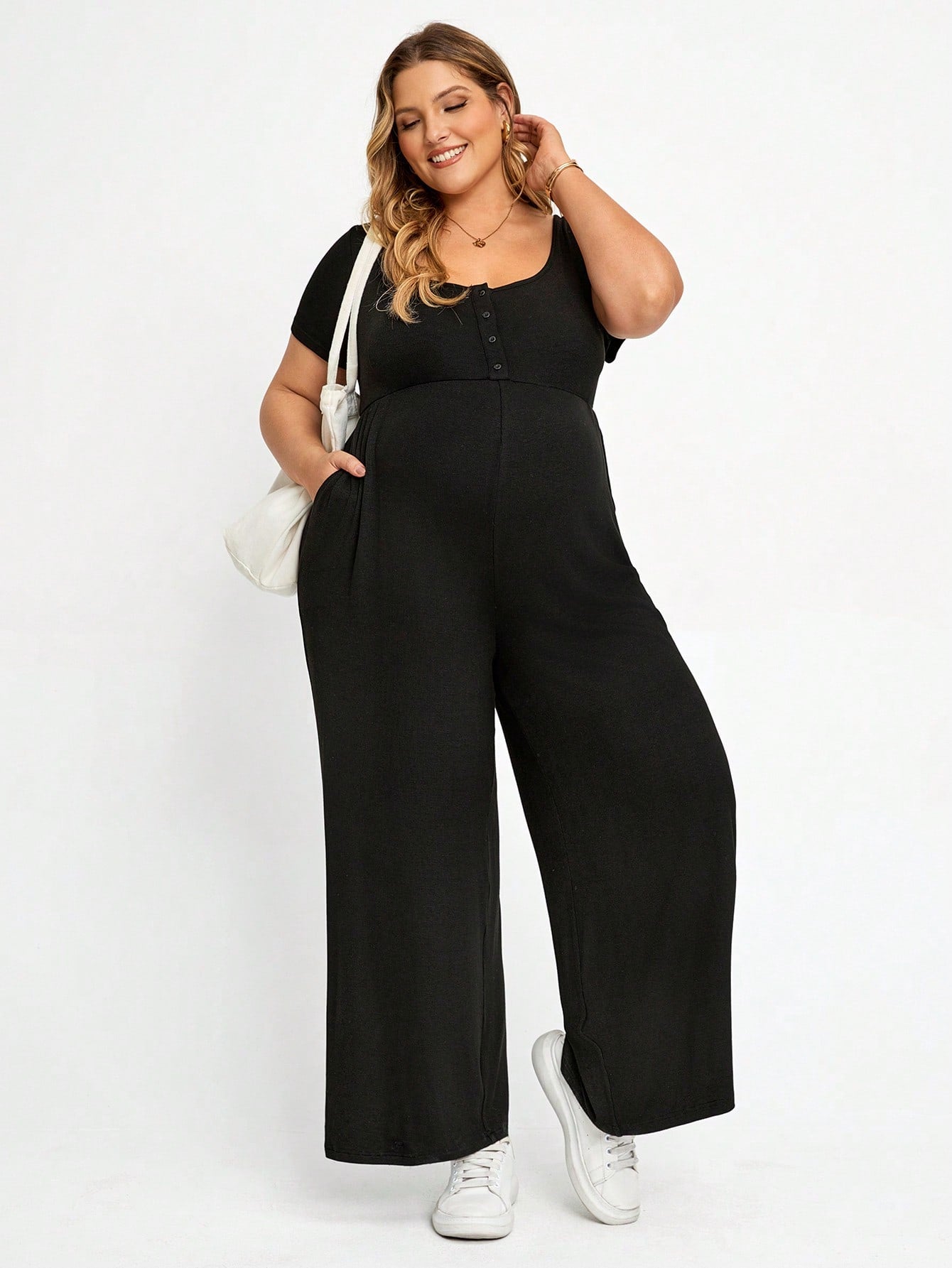 Plussiva Plus Size Maternity Solid Color Button Design Short Sleeve Wide Leg Jumpsuit Summer Casual Lounge Photoshoot Gender Reveal Post Partum