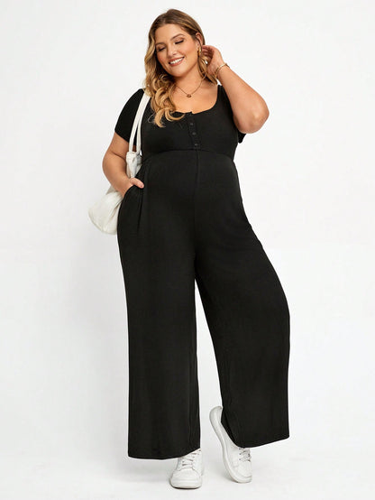 Plussiva Plus Size Maternity Solid Color Button Design Short Sleeve Wide Leg Jumpsuit Summer Casual Lounge Photoshoot Gender Reveal Post Partum