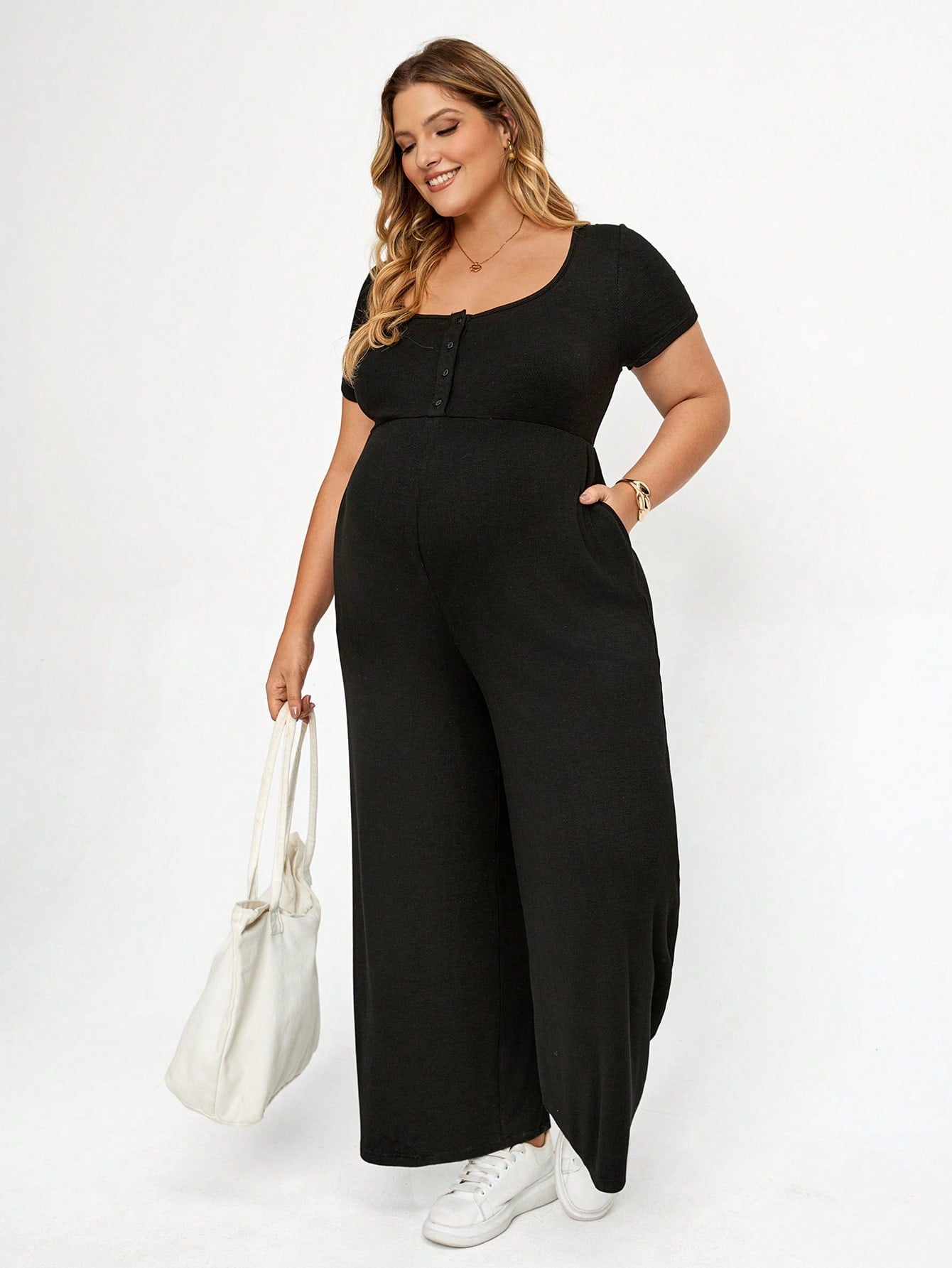 Plussiva Plus Size Maternity Solid Color Button Design Short Sleeve Wide Leg Jumpsuit Summer Casual Lounge Photoshoot Gender Reveal Post Partum