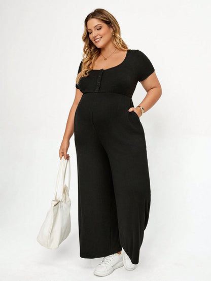 Plussiva Plus Size Maternity Solid Color Button Design Short Sleeve Wide Leg Jumpsuit Summer Casual Lounge Photoshoot Gender Reveal Post Partum