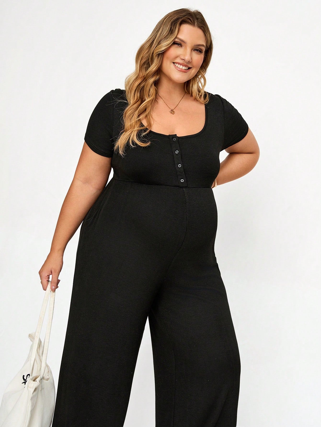 Plussiva Plus Size Maternity Solid Color Button Design Short Sleeve Wide Leg Jumpsuit Summer Casual Lounge Photoshoot Gender Reveal Post Partum