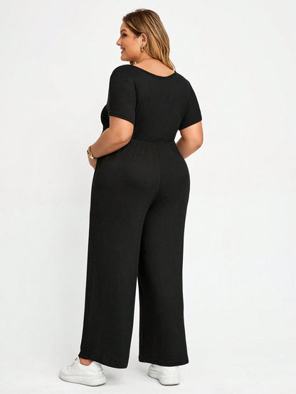 Plussiva Plus Size Maternity Solid Color Button Design Short Sleeve Wide Leg Jumpsuit Summer Casual Lounge Photoshoot Gender Reveal Post Partum