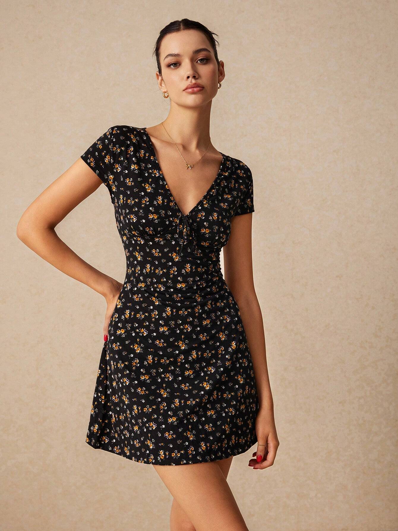 Poéselle Women's Fashion Sweet V-Neck Floral Print A-Line Dress, Dresses, Spring Beach Y2k Summer, Cute For Women