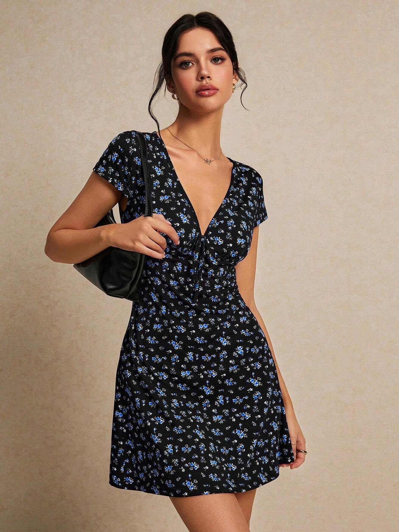 Poéselle Women's Fashion Sweet V-Neck Floral Print A-Line Dress, Dresses, Spring Beach Y2k Summer, Cute For Women