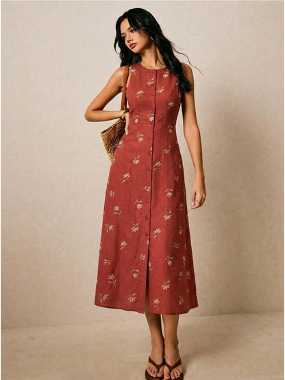 Poéselle Women's Floral Embroidery Pattern Elegant Waist Cinched Midi Dress, Floral Dress, Casual Dresses,Elegant Dresses For Women,Vacation Dress,Summer Dress