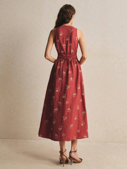 Poéselle Women's Floral Embroidery Pattern Elegant Waist Cinched Midi Dress, Floral Dress, Casual Dresses,Elegant Dresses For Women,Vacation Dress,Summer Dress