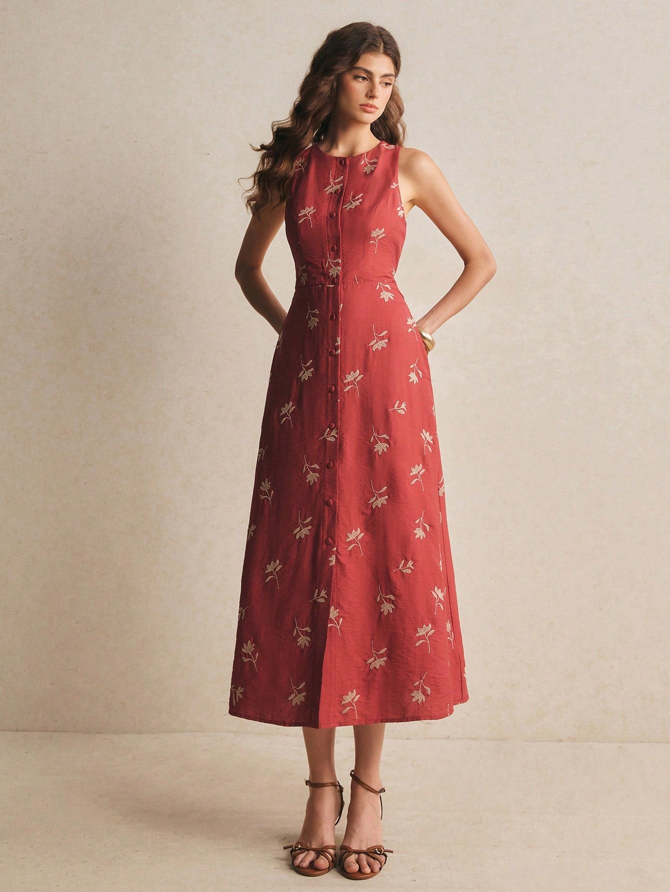 Poéselle Women's Floral Embroidery Pattern Elegant Waist Cinched Midi Dress, Floral Dress, Casual Dresses,Elegant Dresses For Women,Vacation Dress,Summer Dress