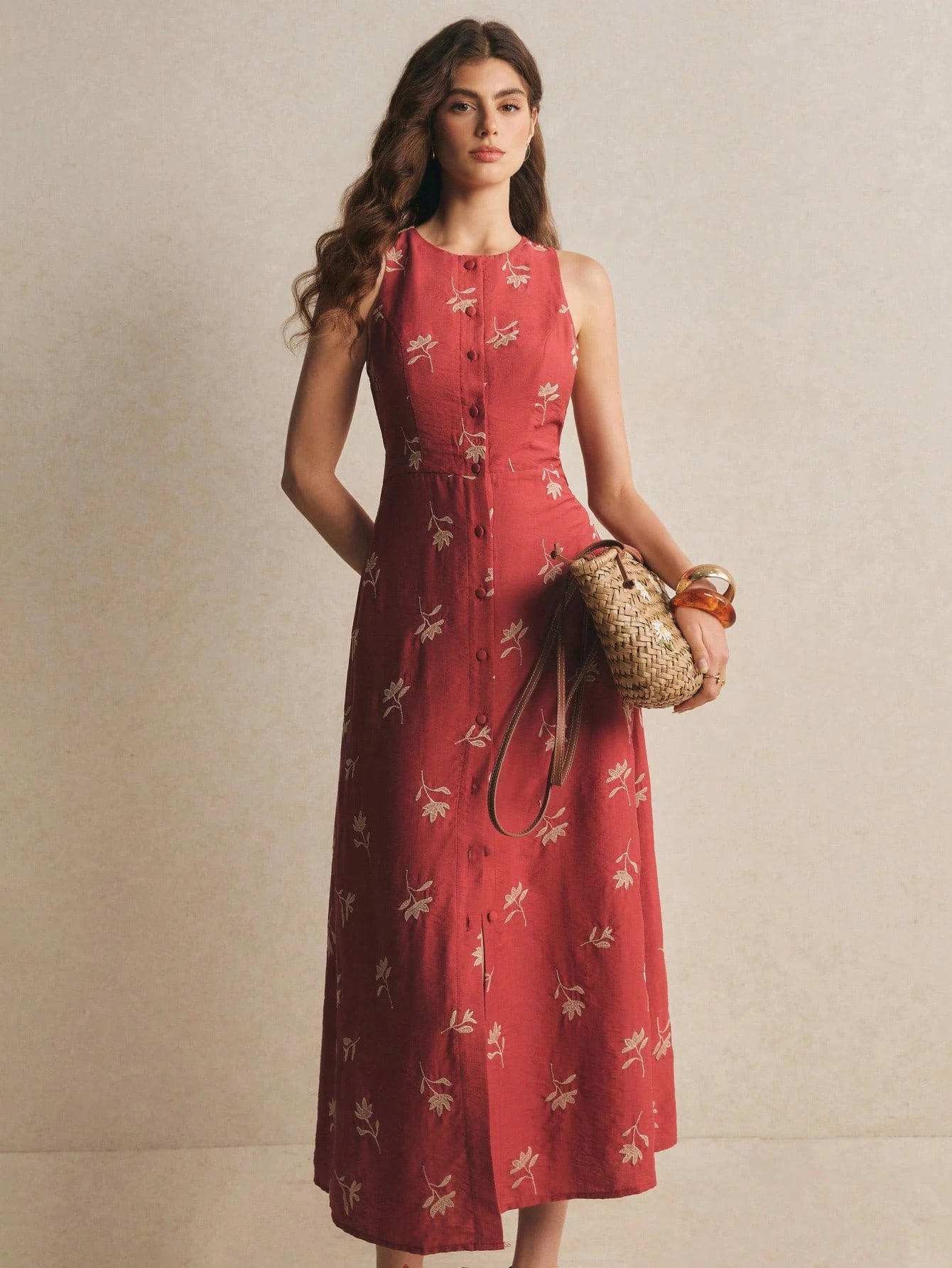 Poéselle Women's Floral Embroidery Pattern Elegant Waist Cinched Midi Dress, Floral Dress, Casual Dresses,Elegant Dresses For Women,Vacation Dress,Summer Dress
