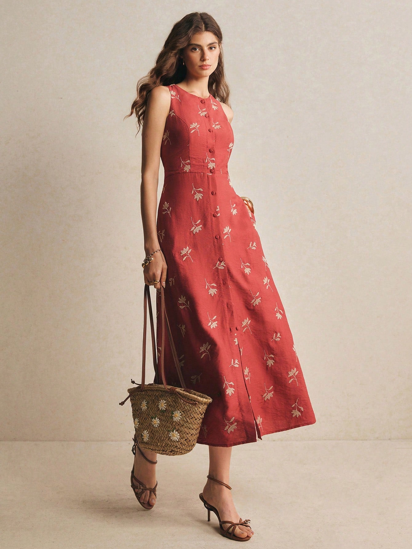 Poéselle Women's Floral Embroidery Pattern Elegant Waist Cinched Midi Dress, Floral Dress, Casual Dresses,Elegant Dresses For Women,Vacation Dress,Summer Dress