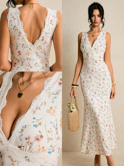 Poéselle Women's Off-White Floral Contrast Lace V-Neck Sleeveless Fitted Mermaid Hem Elegant Tropical Dress Cottage Core Summer Vacation Holiday Beach