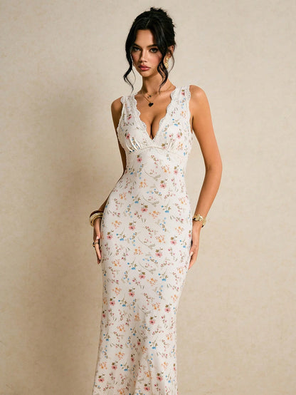 Poéselle Women's Off-White Floral Contrast Lace V-Neck Sleeveless Fitted Mermaid Hem Elegant Tropical Dress Cottage Core Summer Vacation Holiday Beach