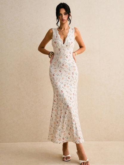 Poéselle Women's Off-White Floral Contrast Lace V-Neck Sleeveless Fitted Mermaid Hem Elegant Tropical Dress Cottage Core Summer Vacation Holiday Beach