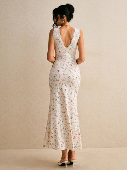 Poéselle Women's Off-White Floral Contrast Lace V-Neck Sleeveless Fitted Mermaid Hem Elegant Tropical Dress Cottage Core Summer Vacation Holiday Beach