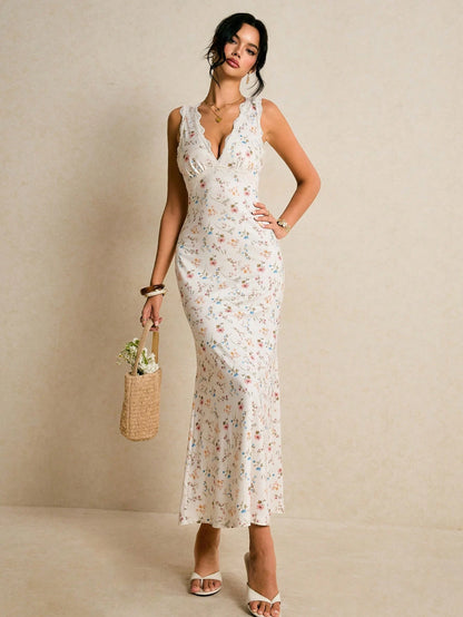 Poéselle Women's Off-White Floral Contrast Lace V-Neck Sleeveless Fitted Mermaid Hem Elegant Tropical Dress Cottage Core Summer Vacation Holiday Beach