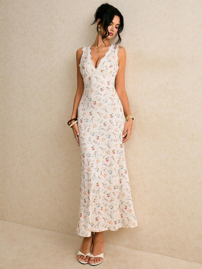 Poéselle Women's Off-White Floral Contrast Lace V-Neck Sleeveless Fitted Mermaid Hem Elegant Tropical Dress Cottage Core Summer Vacation Holiday Beach
