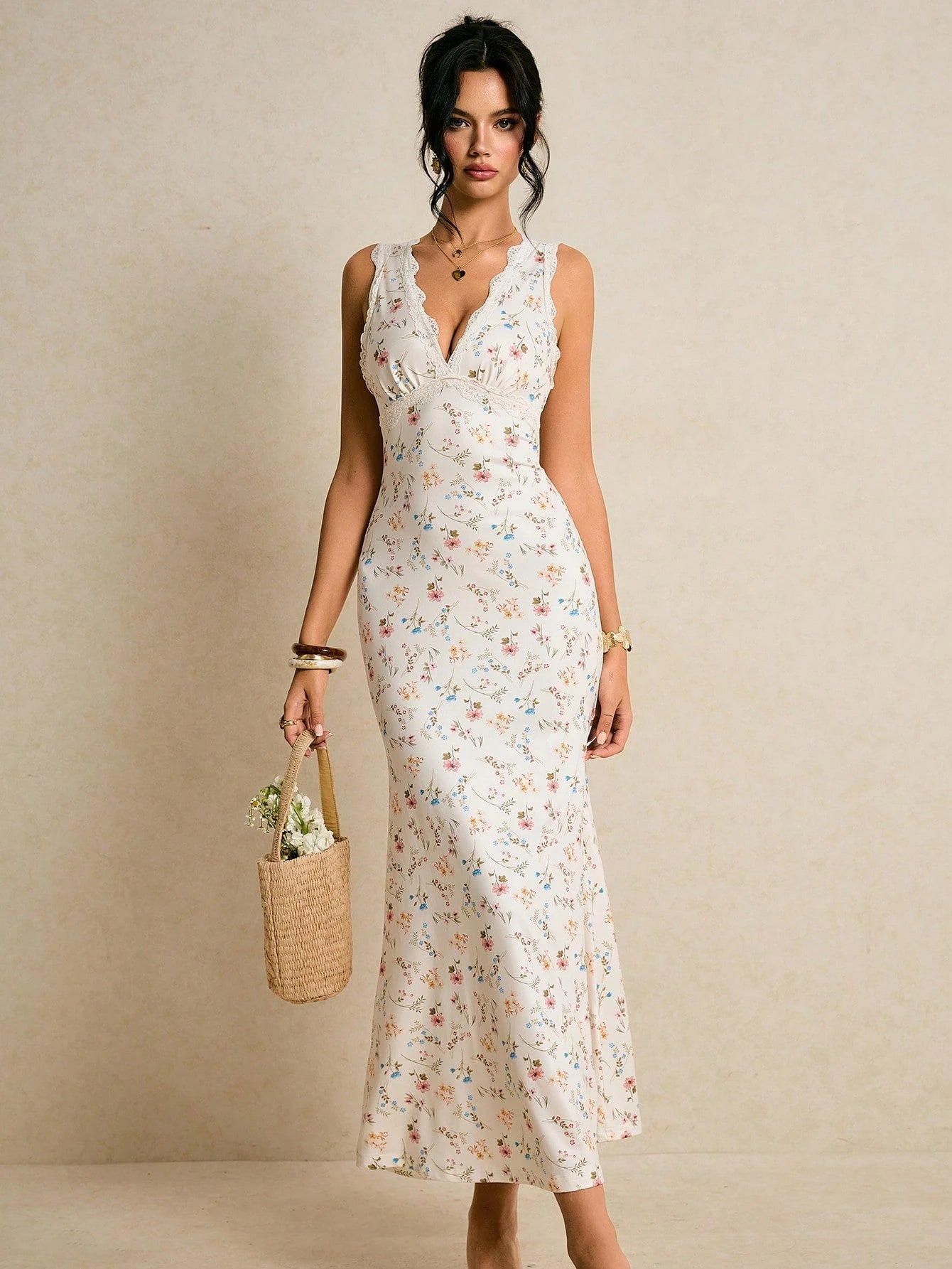 Poéselle Women's Off-White Floral Contrast Lace V-Neck Sleeveless Fitted Mermaid Hem Elegant Tropical Dress Cottage Core Summer Vacation Holiday Beach