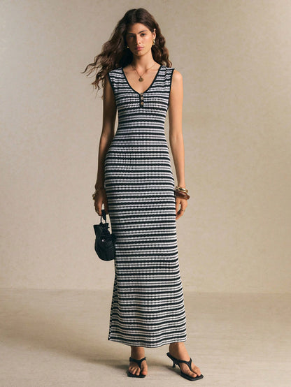 Poéselle Women's V-Neck Black And White Elegant Waist Cinched Long Dress Casual Work Office Brunch Outfits Teachers' Day Spring/Summer