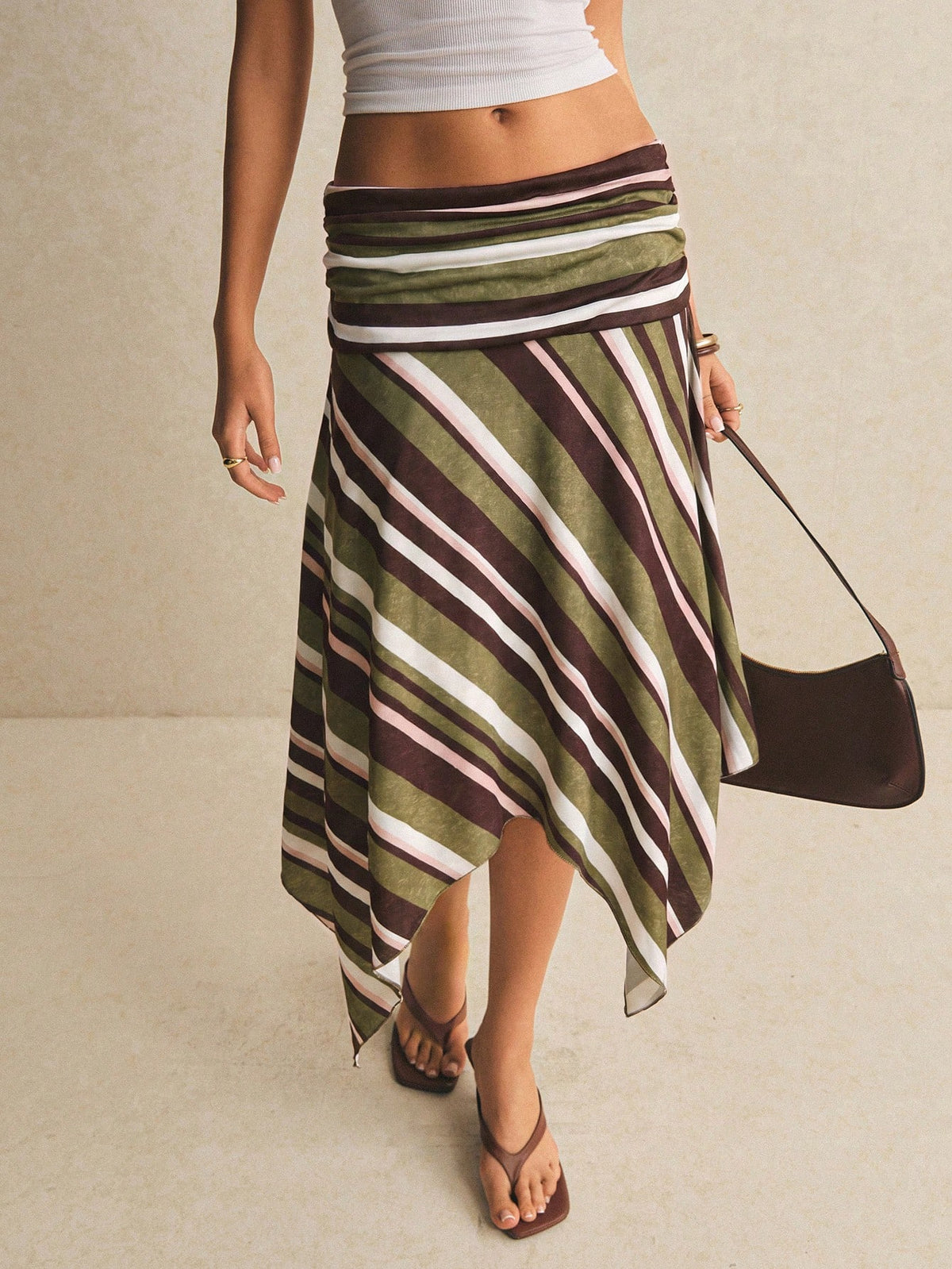 Poéselle Women's Vacation Striped Asymmetric Hem Casual Y2k Skirt, Beach, Going Out, Festival Autumn