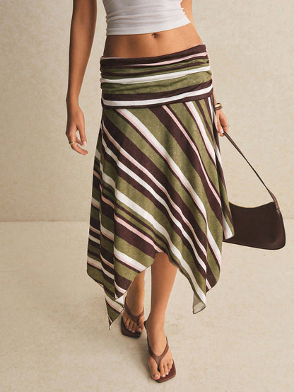 Poéselle Women's Vacation Striped Asymmetric Hem Casual Y2k Skirt, Beach, Going Out, Festival Autumn