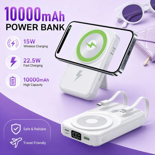 Pocket-Friendly White 10000mAh Wireless Charger With Magnetic Ring And 22.5W Fast Charging, With Clear Remaining-Power Screen, Green Magnetic Ring And Adjustable Folding Support, Designed For IPhone 1