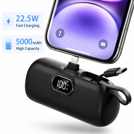 Pocket-Size Black 5000mAh Power Bank With Lightning Plug, Integrated USB-C Cable And 22.5W Fast Charge, With LED Percentage Readout, Smooth Capsule-Style Body And Wrist Lanyard For Daily Carry, Suited