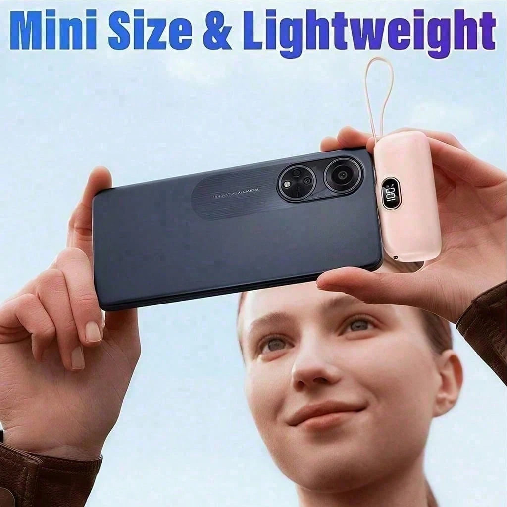 Pocket-Size Black 5000mAh Power Bank With Lightning Plug, Integrated USB-C Cable And 22.5W Fast Charge, With LED Percentage Readout, Smooth Capsule-Style Body And Wrist Lanyard For Daily Carry, Suited