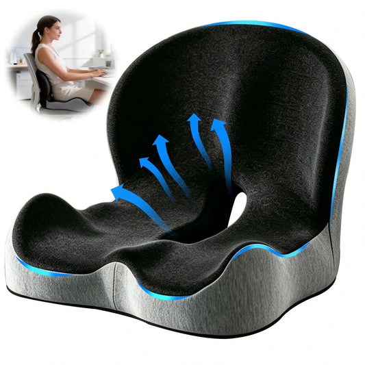 PokEpic 1pc Memory Foam Chair Cushion With Backrest, Breathable Seat Cushion For Fatigue Relief, Removable Washable Cover, Office Chair Cushion & Car Seat Cushion For Home, Driving, Travel & Gaming,Bl