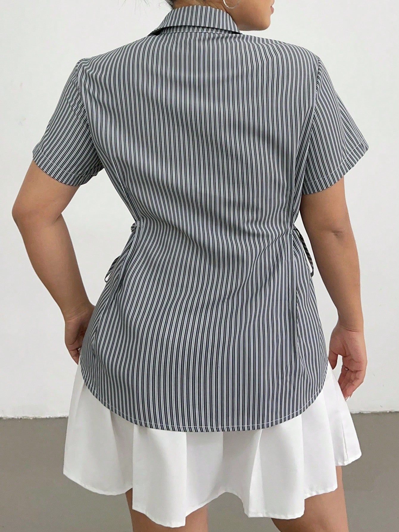 POPSWAY Women Plus Size Striped Short Sleeve Cinched Waist Loose Casual Shirt