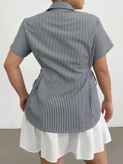 POPSWAY Women Plus Size Striped Short Sleeve Cinched Waist Loose Casual Shirt