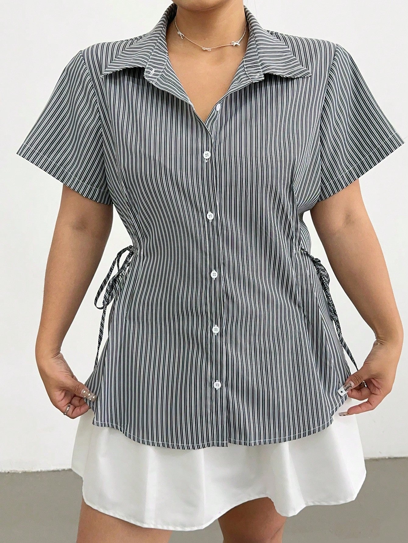 POPSWAY Women Plus Size Striped Short Sleeve Cinched Waist Loose Casual Shirt