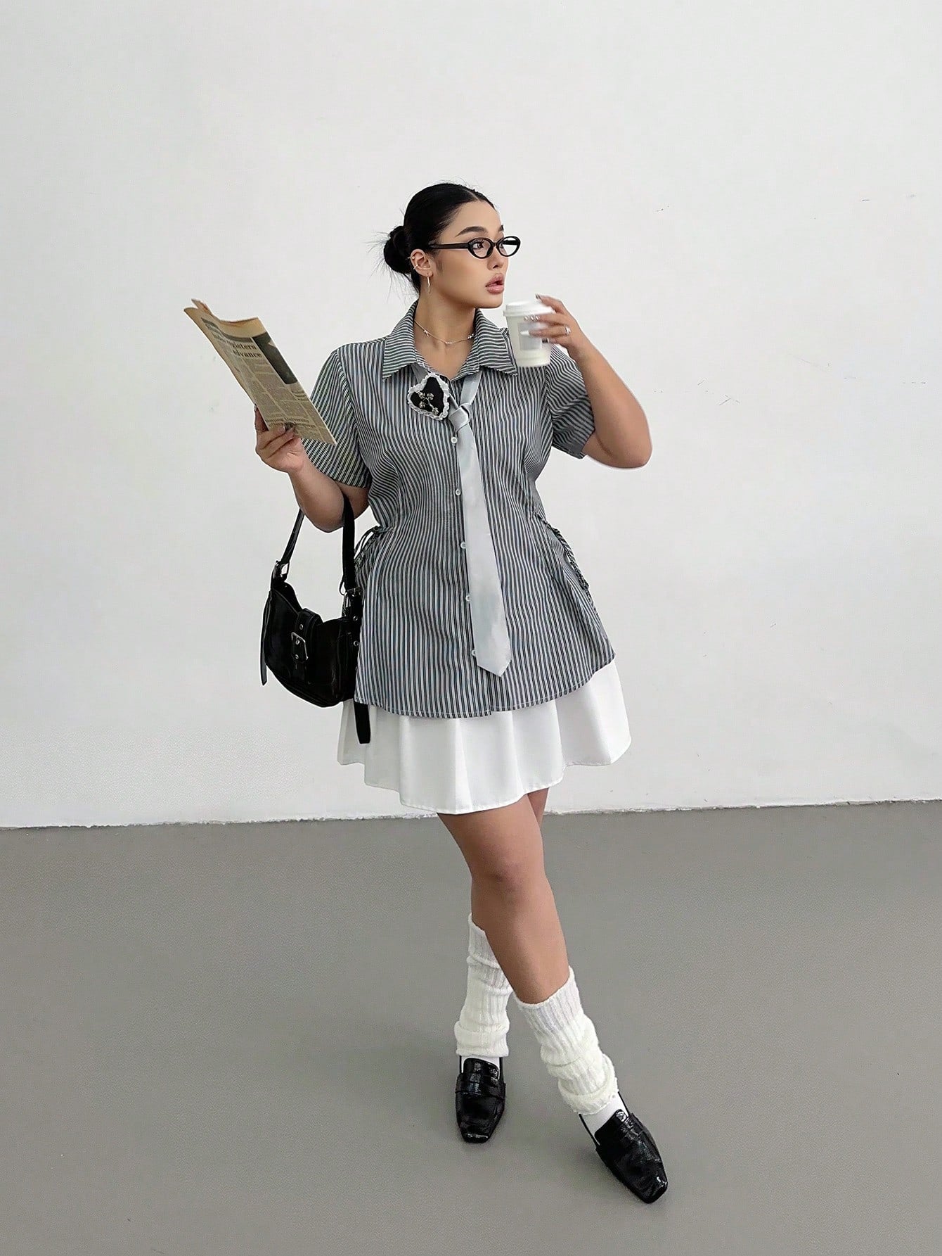 POPSWAY Women Plus Size Striped Short Sleeve Cinched Waist Loose Casual Shirt