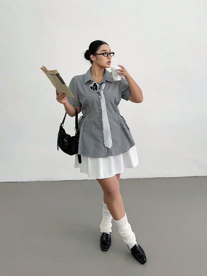 POPSWAY Women Plus Size Striped Short Sleeve Cinched Waist Loose Casual Shirt