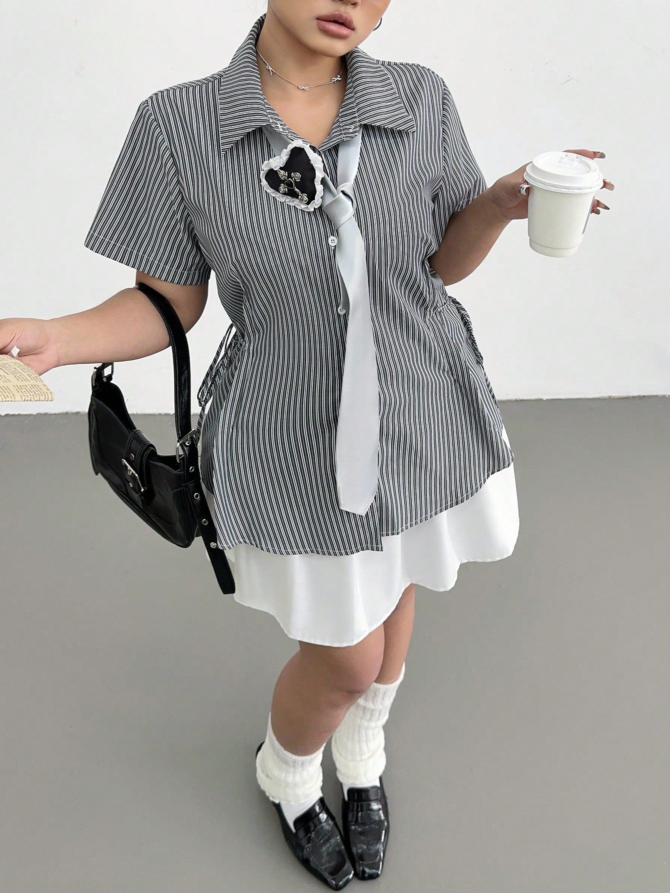 POPSWAY Women Plus Size Striped Short Sleeve Cinched Waist Loose Casual Shirt