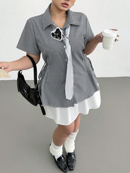 POPSWAY Women Plus Size Striped Short Sleeve Cinched Waist Loose Casual Shirt