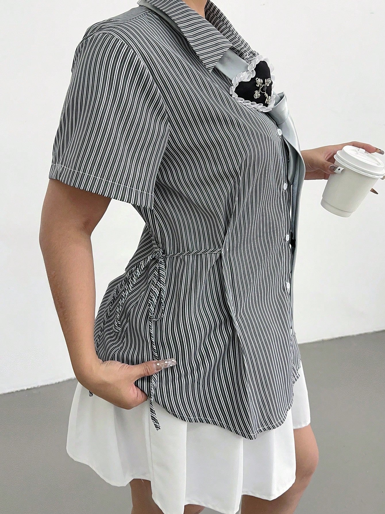 POPSWAY Women Plus Size Striped Short Sleeve Cinched Waist Loose Casual Shirt