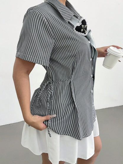 POPSWAY Women Plus Size Striped Short Sleeve Cinched Waist Loose Casual Shirt