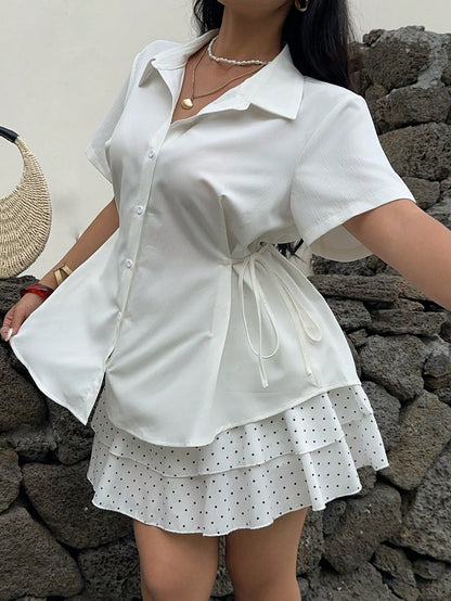 POPSWAY Women Plus Size Striped Short Sleeve Cinched Waist Loose Casual Shirt