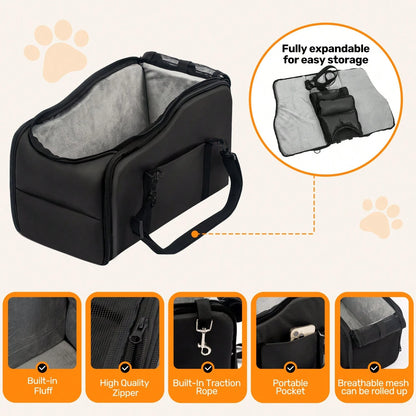 Portable Dog Car Seat For Small Dogs- Pet Booster Seat With Fixed Leash, Adjustable Straps, Storage Pocket- Center Console Puppy Car Seat For Travel, Support Pet Up To 12lbs